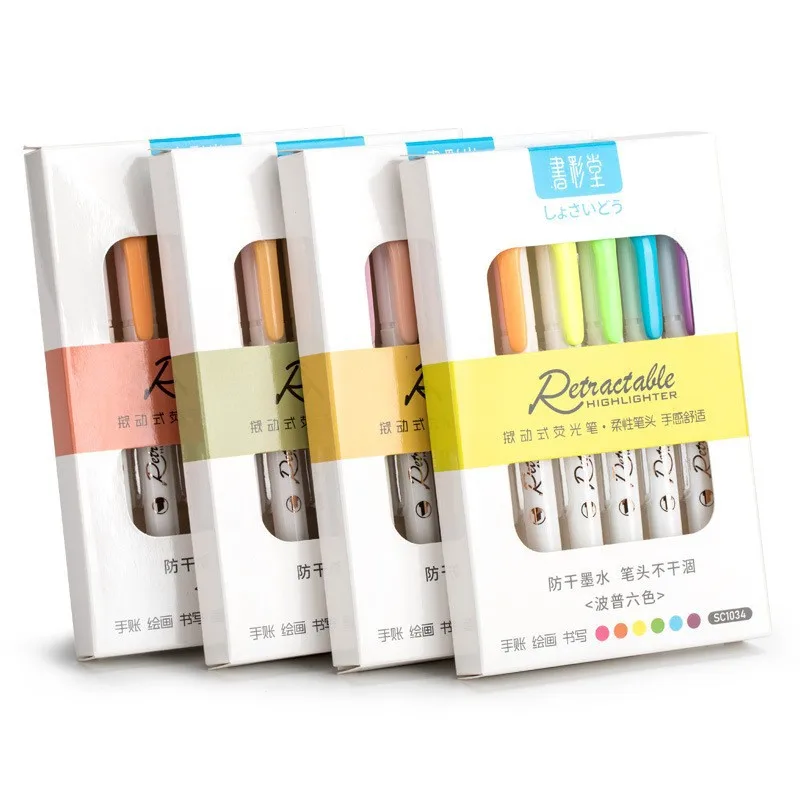Highlighter Set Pastel - 6Colors/set Morandi Retractable Highlighters Fluorescent Pen